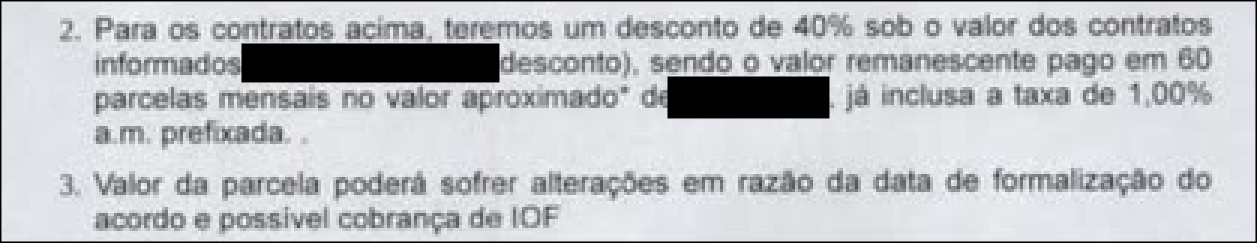 Trecho original de termo de acordo parcial com desconto de 40 por cento e saldo em 60 parcelas, com valores identificadores ocultados