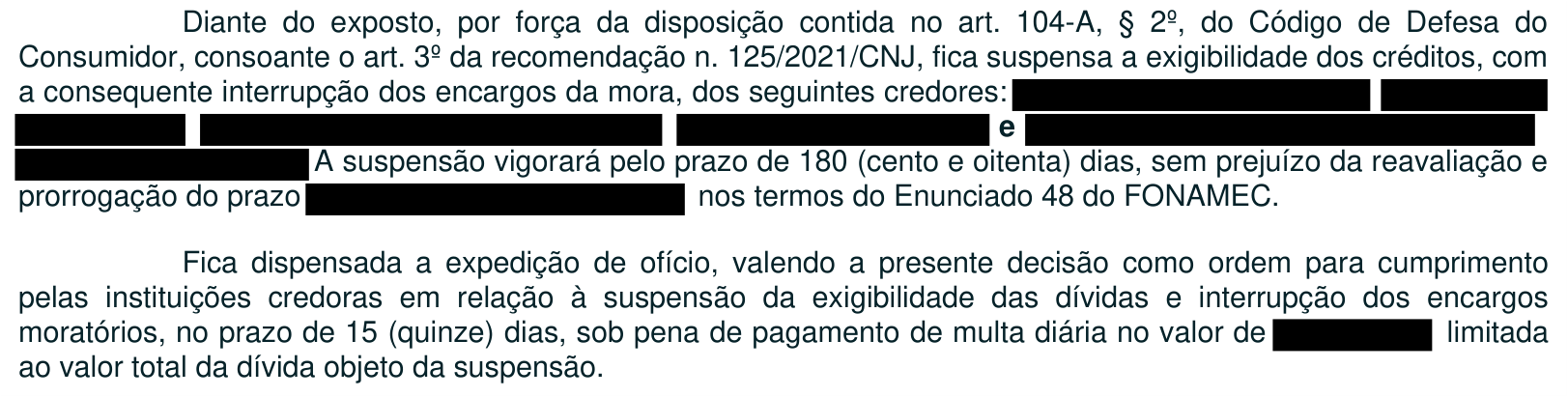 Recorte original de decisão provisória com suspensão da exigibilidade por 180 dias e dados identificadores ocultados