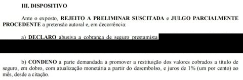 Dispositivo original de sentença sobre cobrança de seguro prestamista e restituição em dobro, com identificadores dos contratos ocultados